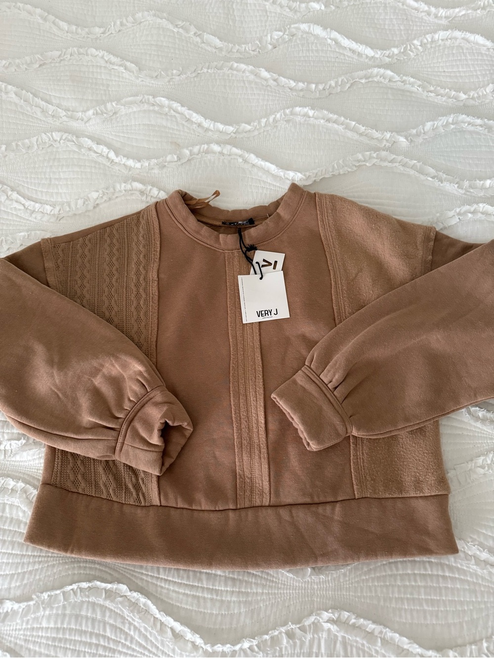 Very J Brown Taupe Textured Teddy Crewneck Sweater